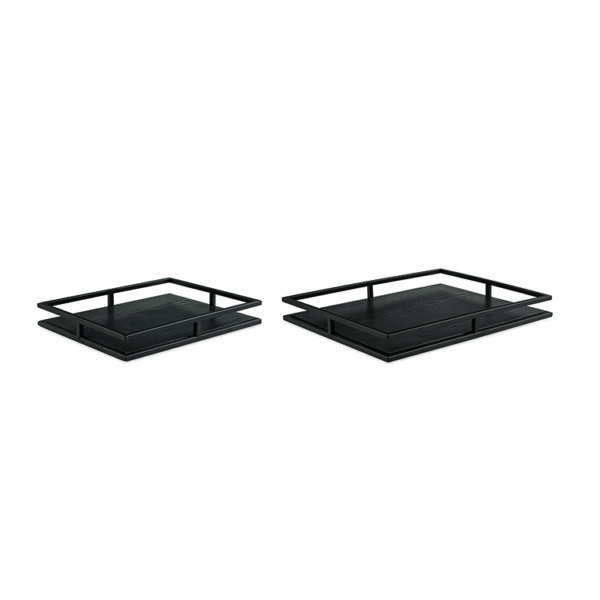 Bandeja Preta Retangular em Madeira e Metal - 2pcs