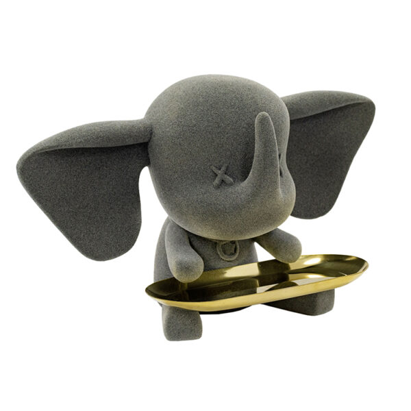 Escultura em Resina Elefante Preto com Bandeja em Metal - 19x32