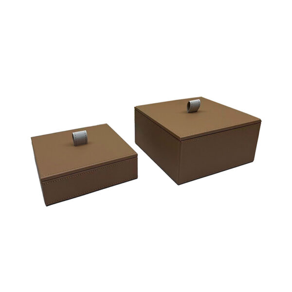 Kit  c/2 Caixas Decorativas Quadradas em MDF Revestida em Couro Sintético Marrom