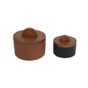 Kit c/2 Potes Decorativos em Madeira e Couro Sintético Marrom e Preto