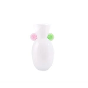 Vaso Decorativo em Vidro Branco com Detalhe Verde e Rosa - 31x19