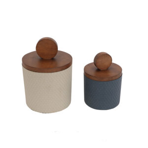 Potes Decorativos em Madeira e Couro Sintético Branco e Azul - 2pcs