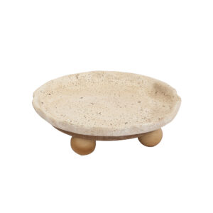 Centro de Mesa Decorativo com Esferas de Madeira Natural e Resina Estilo Travertino