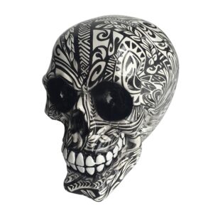 Caveira Resina Tribal Tatoo Branca/Preta
