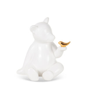 Urso em Cerâmica com Pássaro Branco e Dourado