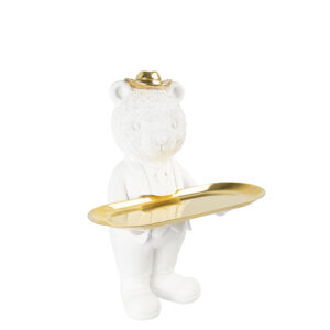 Escultura em Resina Branca Urso com Bandeja Dourada - 29x23